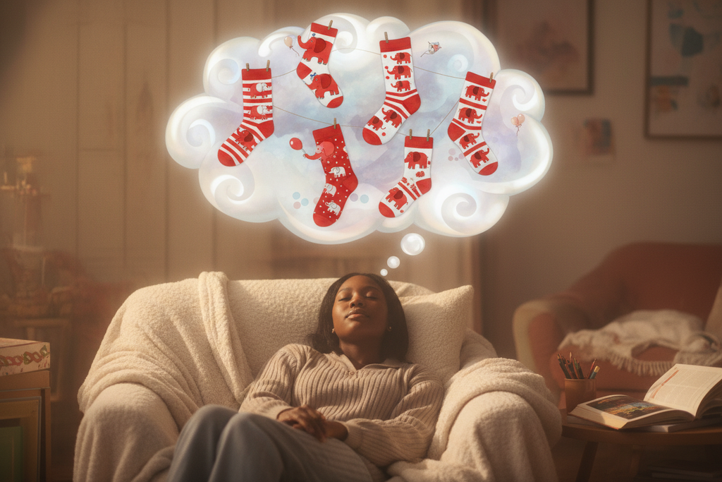 Black lady dreaming about red and white elephant socks
