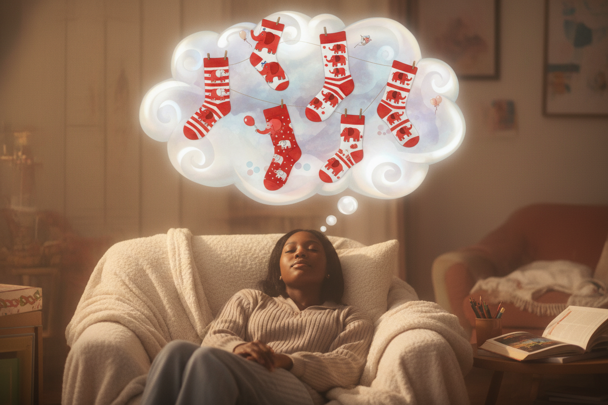 Black lady dreaming about red and white elephant socks